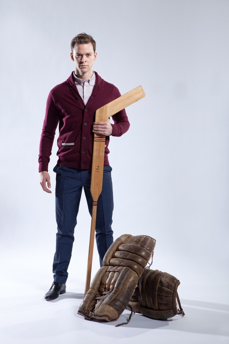 Fashion studio portrait of male model with hockey equipment for The Hockey News Magazine - copyright Harry Gils photography