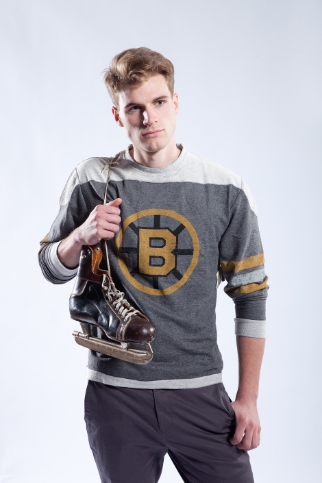 Fashion studio portrait of male model with hockey equipment for The Hockey News Magazine - copyright Harry Gils photography
